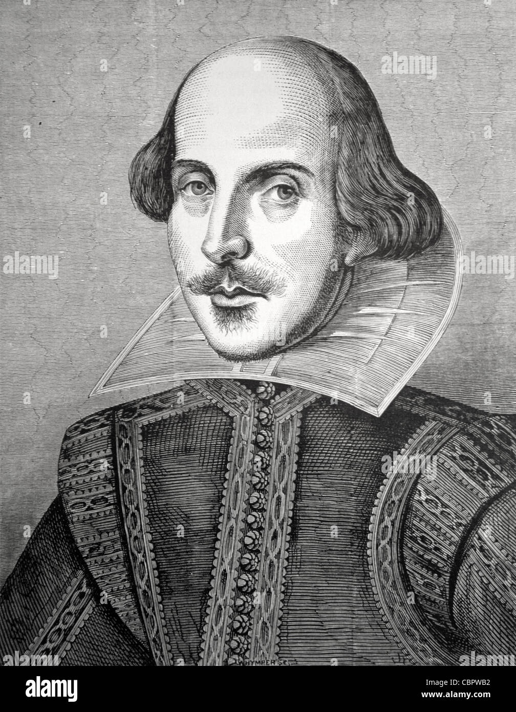 William Shakespeare (1564-1616) Porträt von Martin Droeshout. Frontispiz der ersten Folio Edition der gesammelten Werke im Jahr 1623. Vintage Illustration oder Gravur Stockfoto