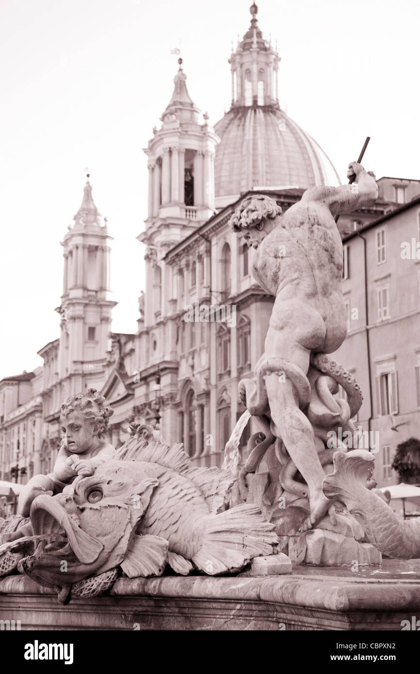Detail auf das 19. Jahrhundert-Neptun-Brunnen in der Piazza Navona Platz, Rom, Italien, Europa Stockfoto