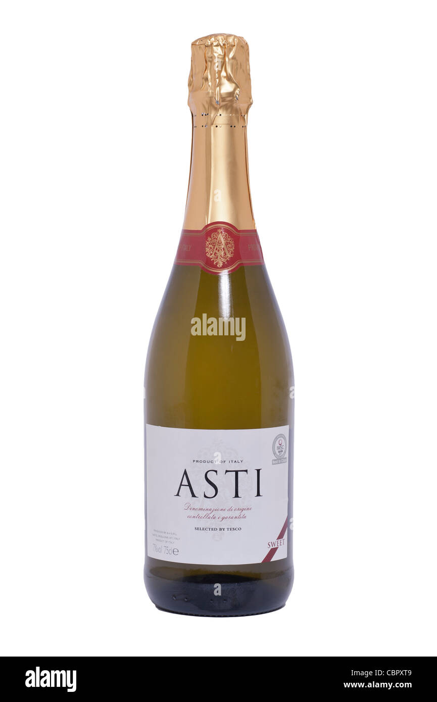 Eine Flasche Asti Sekt weißer Wein auf weißem Hintergrund Stockfoto