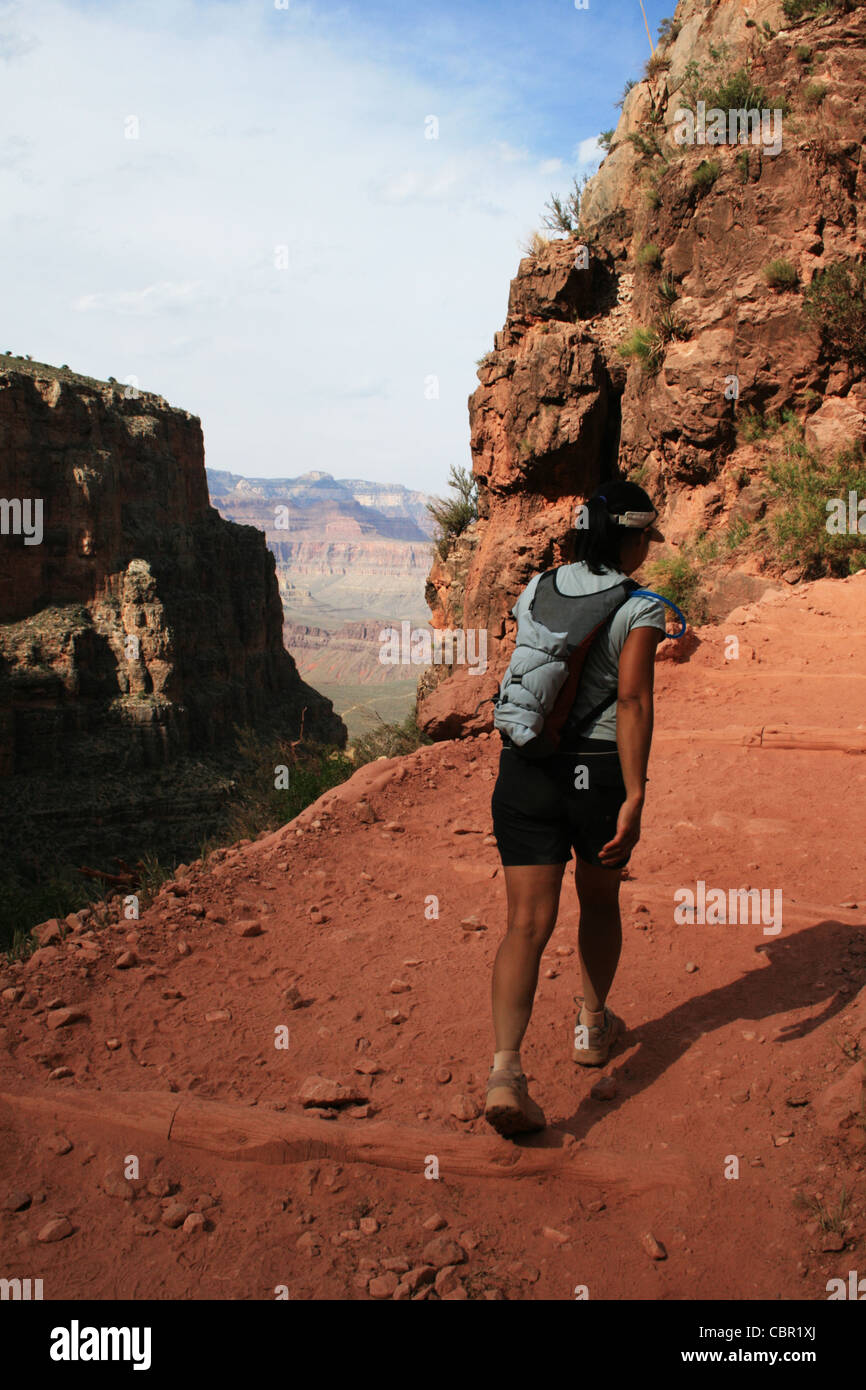 eine Frau-Wanderung auf dem Bright Angel Trail in den Grand Canyon, Arizona Stockfoto