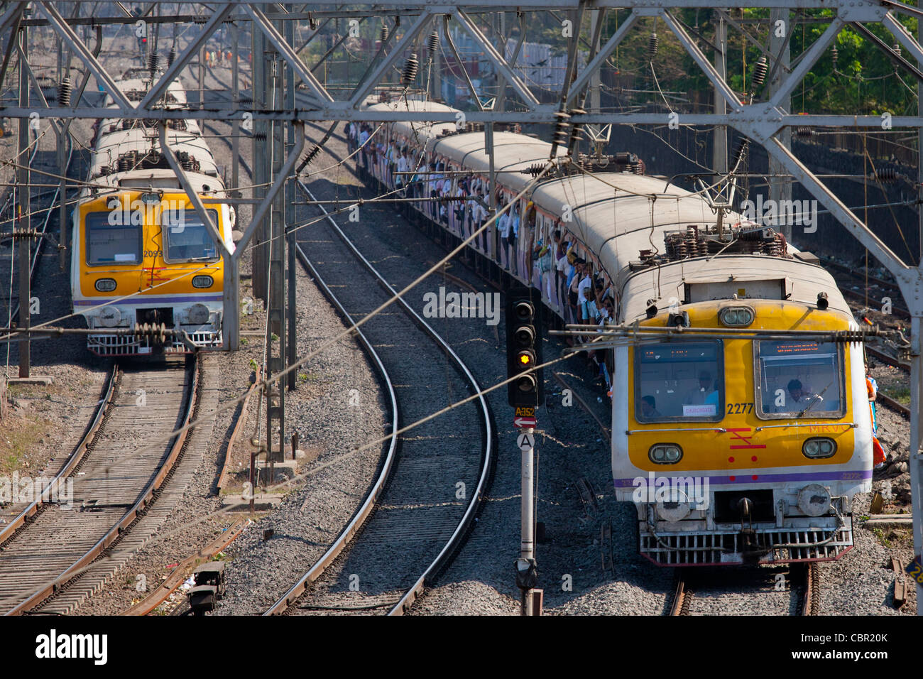 Büroangestellte auf überfüllten s-Bahn der Westbahn in der Nähe von Mahalaxmi-Station auf der Mumbai Vorstadtgleis, Indien Stockfoto