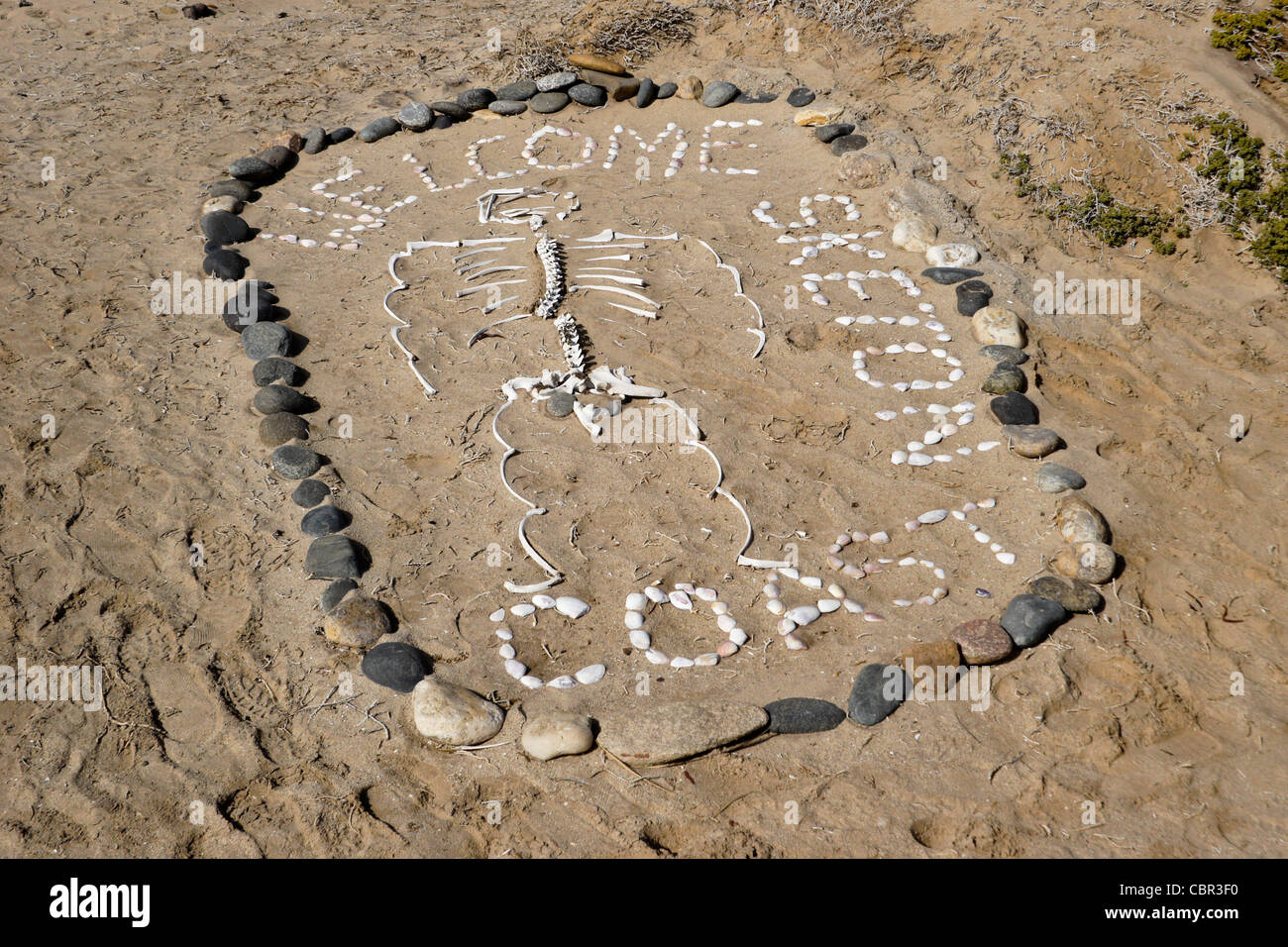 Kunstwerk in Sand am Skeleton Coast, Namibia Stockfoto