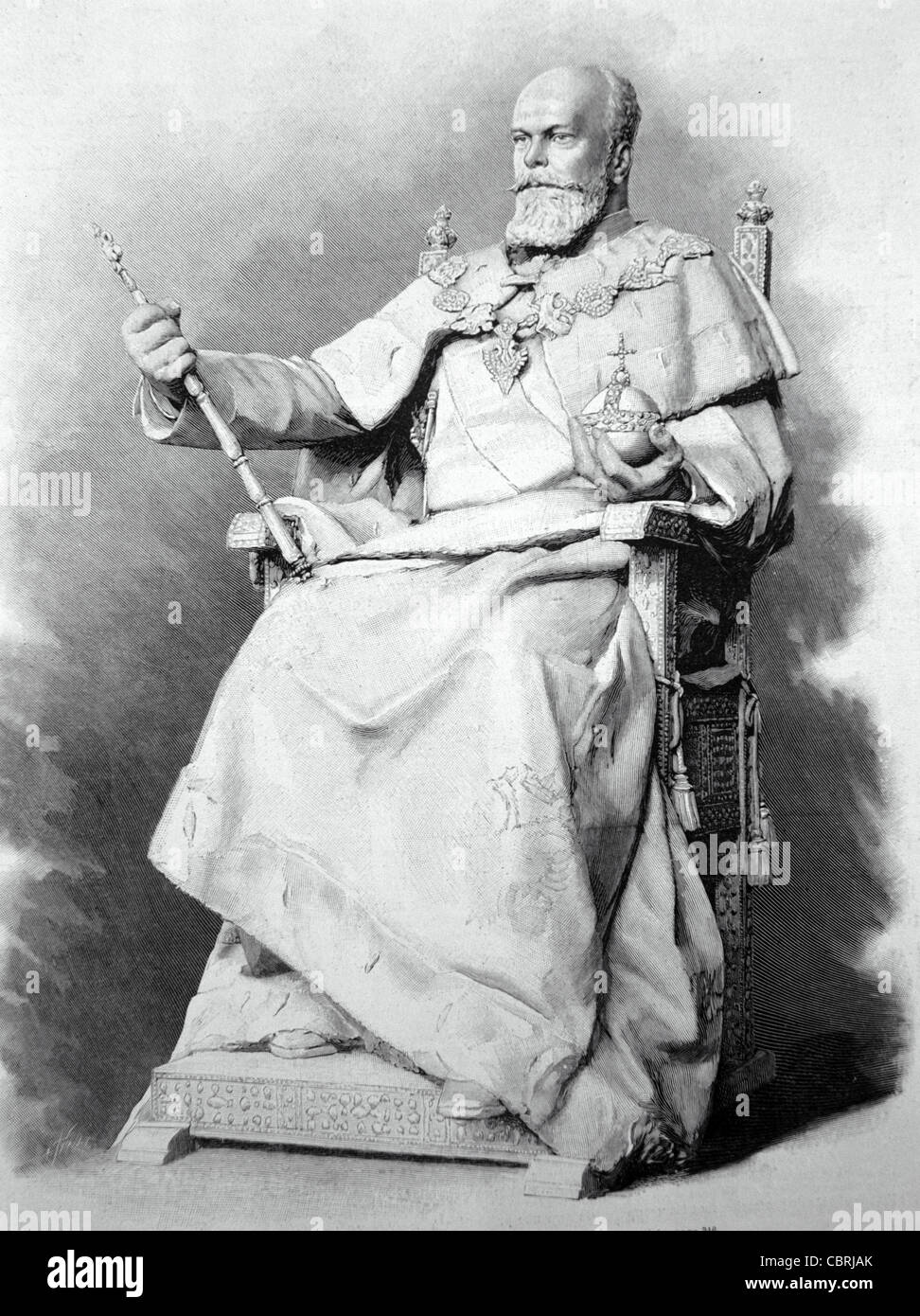 Zar Alexander III von Russland, regierte 1881-94. c19th Engraving auf dem Thron sitzend. Vintage-Illustration Stockfoto