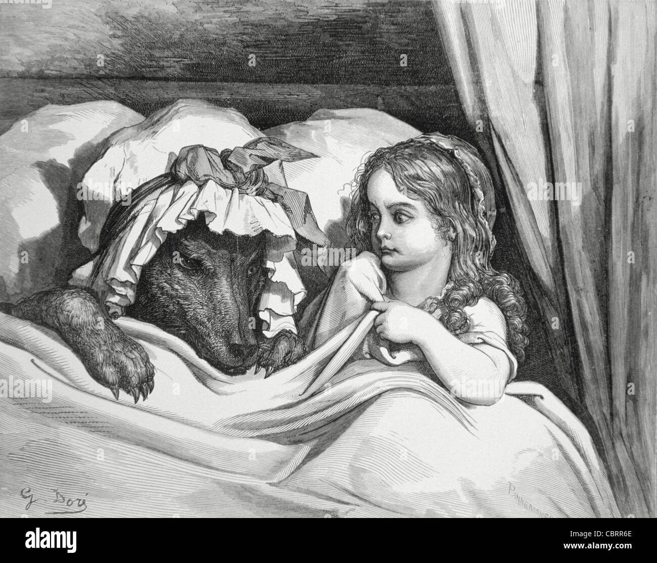Die verkleidete Wolf und Rotkäppchen Märchen oder Volksmärchen, Gravur von Gustave Doré, 1862 Stockfoto