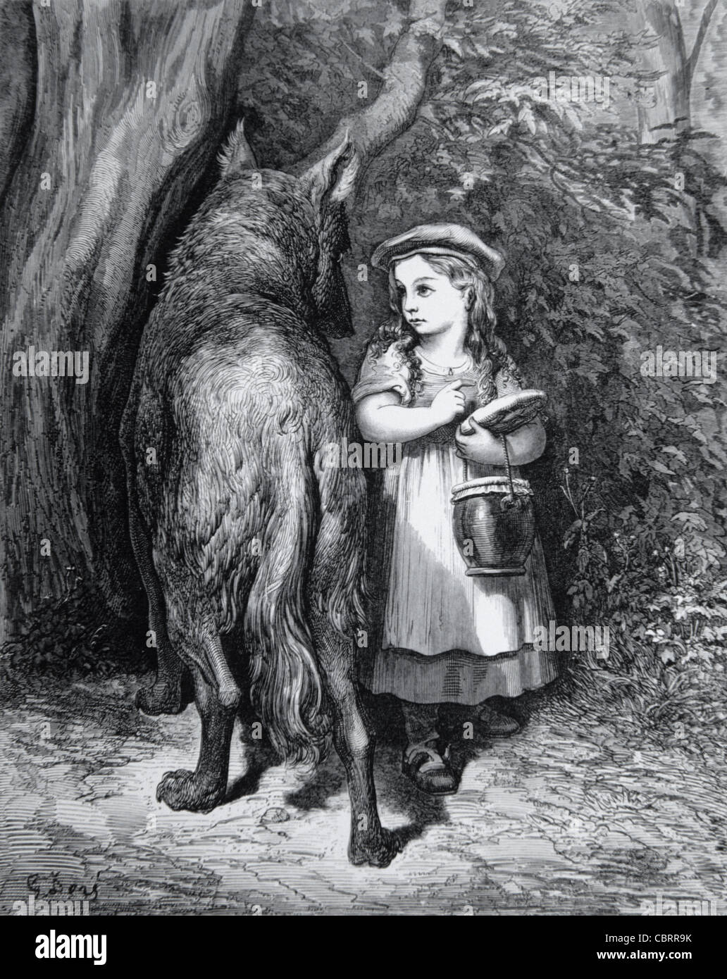 Rotkäppchen & der große böse Wolf Märchen oder Volksgeschichte, Gravur von Gustave Doré, 1862 Stockfoto