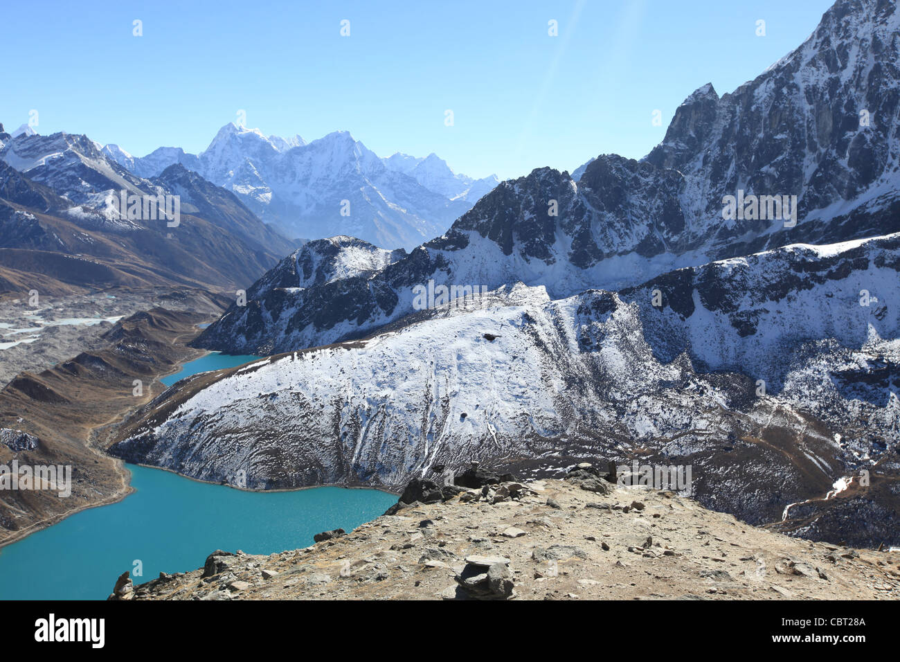 Blick vom Gokyo Ri der Gokyo Dorf, Gletscher und See im Himalaya Stockfoto