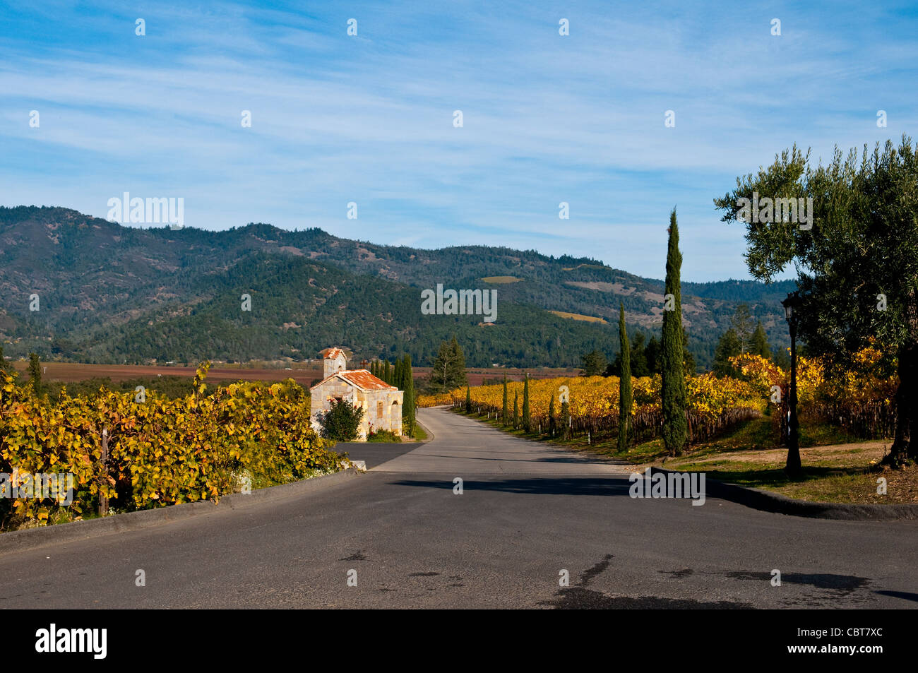 Auffahrt zum Castello di Amorosa ein italienisches Schloss Weingut im nördlichen Teil des Napa Valley in Kalifornien Stockfoto