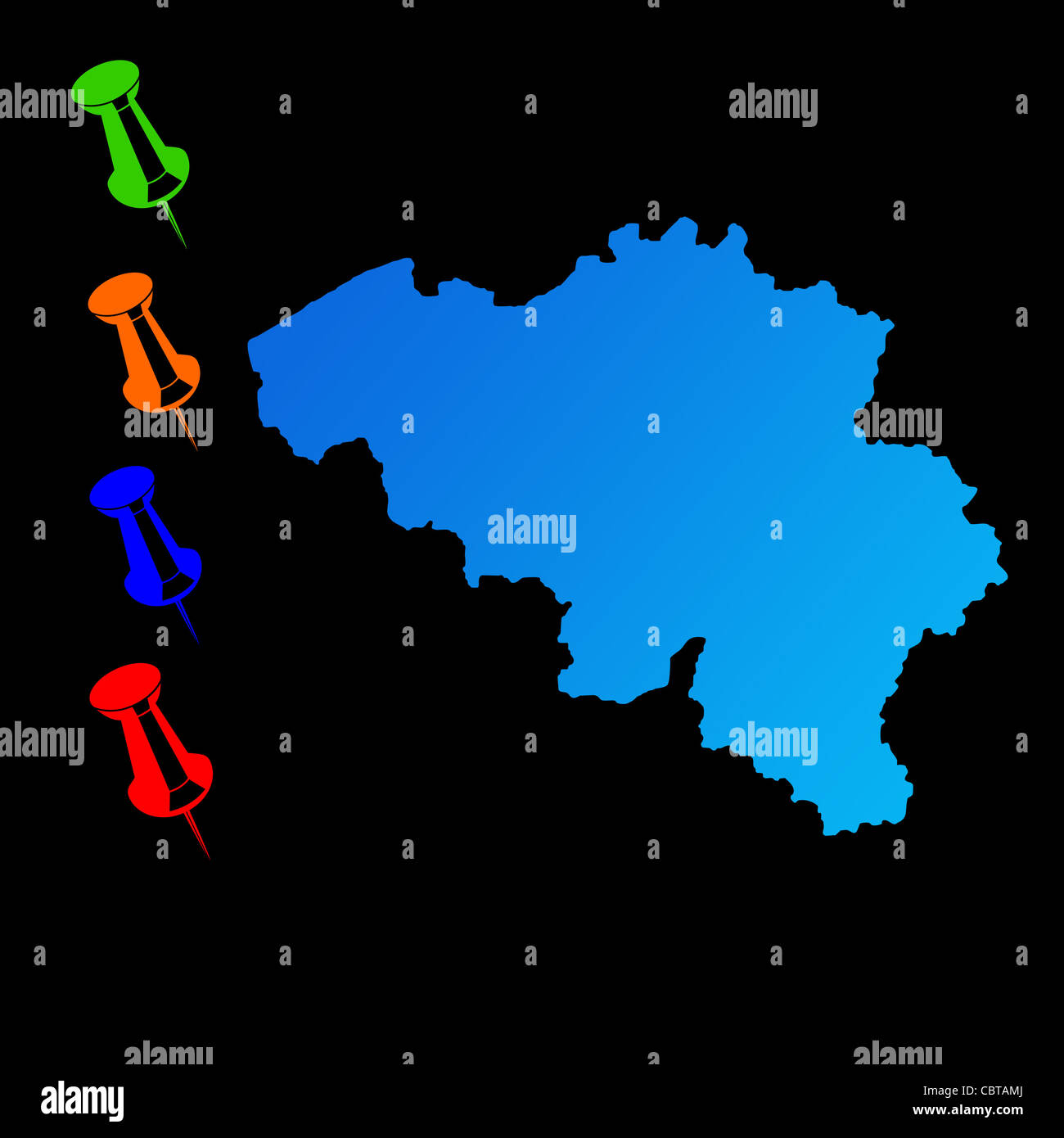 Belgien-Reise-Karte mit Push-Pins auf schwarzem Hintergrund. Stockfoto