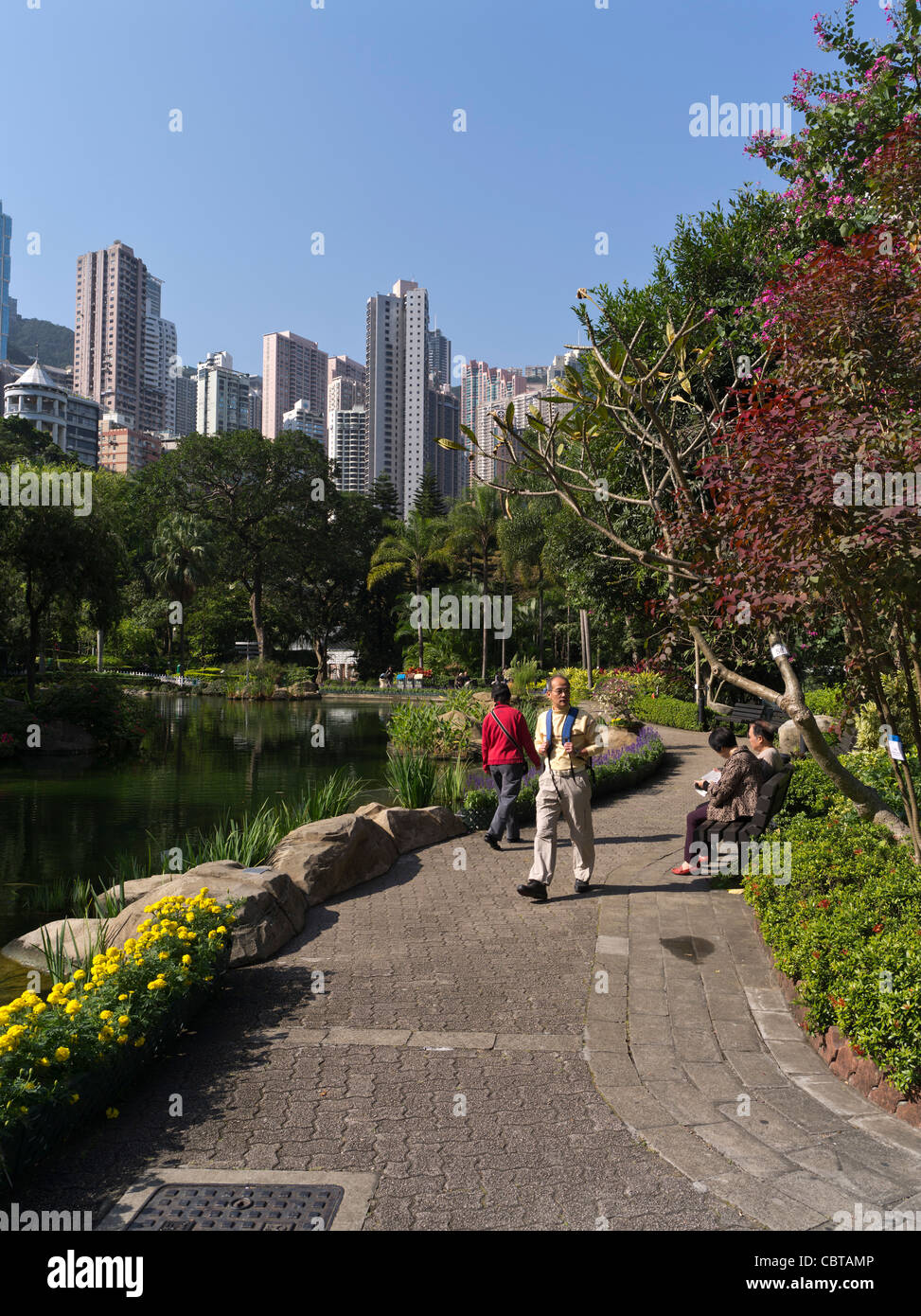 Dh Hong Kong Park CENTRAL HONGKONG Menschen in Park Lake und mittleren Ebenen Wolkenkratzer Gärten touristische China Garden Stockfoto