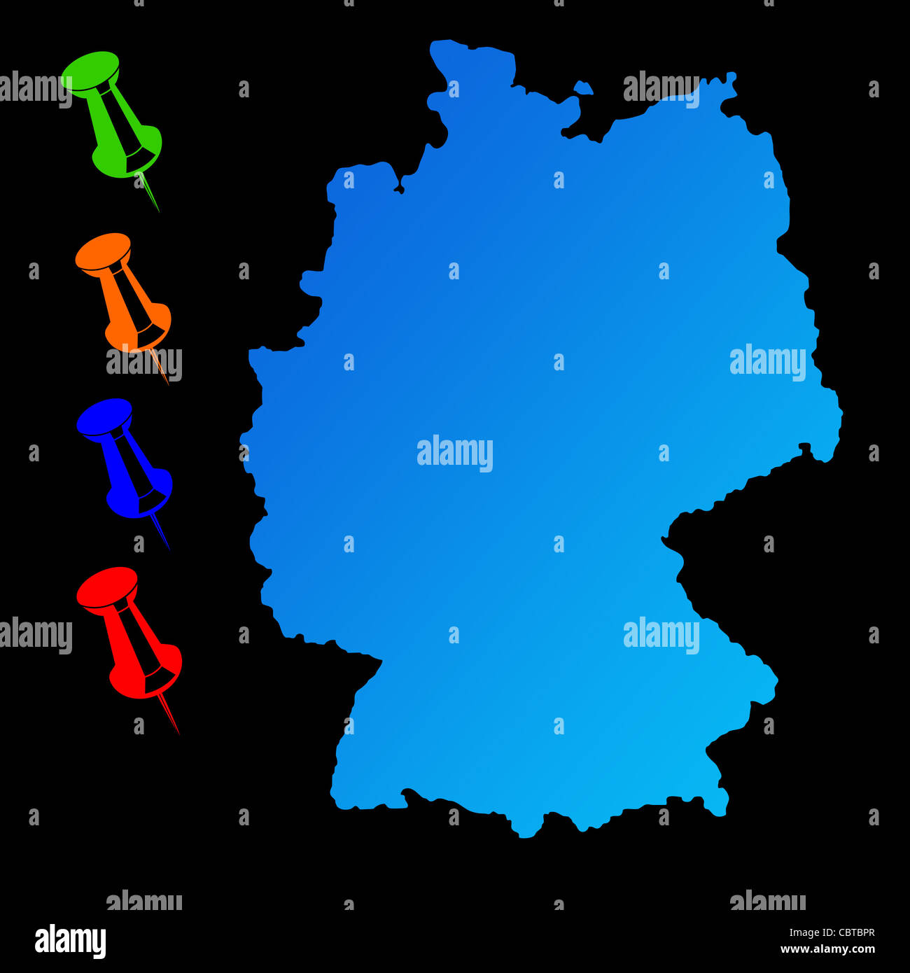 Deutschland-Reise-Karte mit Push-Pins auf schwarzem Hintergrund. Stockfoto