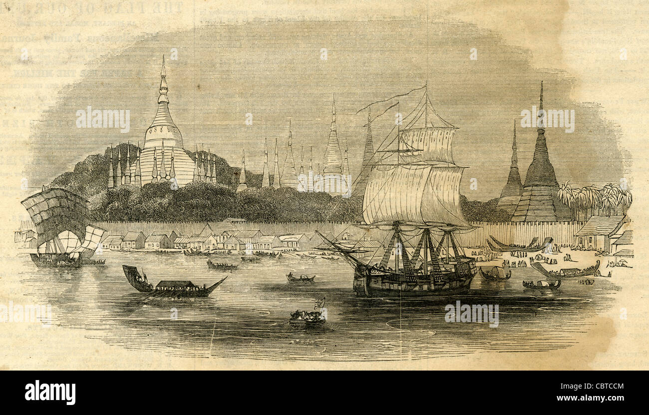 1854 Gravur, Rangoon--das Prinzip Port des Imperiums Burman. Auch bekannt als Yangon. Stockfoto