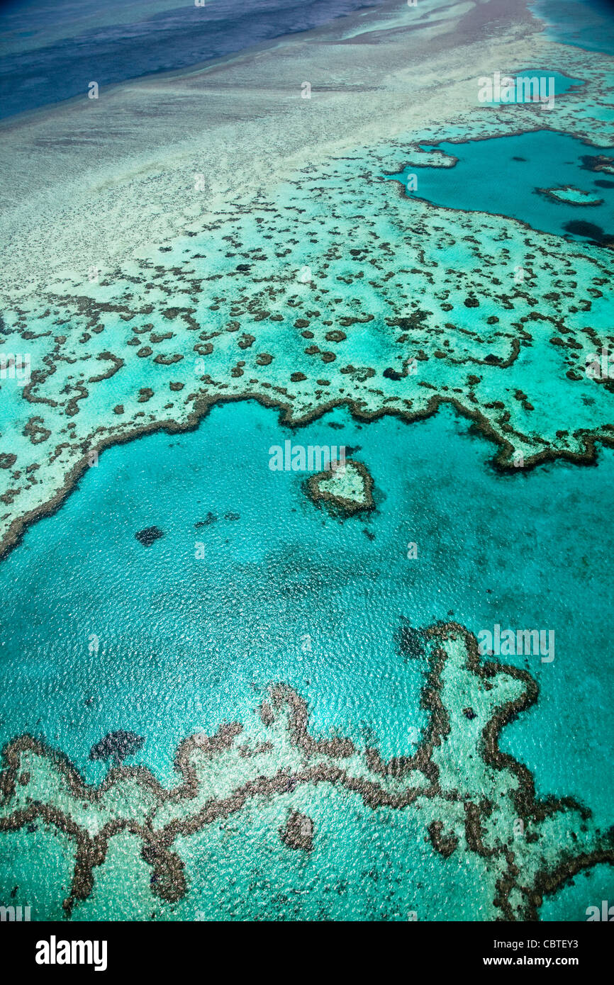 Luftaufnahmen der schönen Heart Reef in das spektakuläre Great Barrier Reef in der Nähe der Whitsunday Islands in Queensland, Australien. Stockfoto