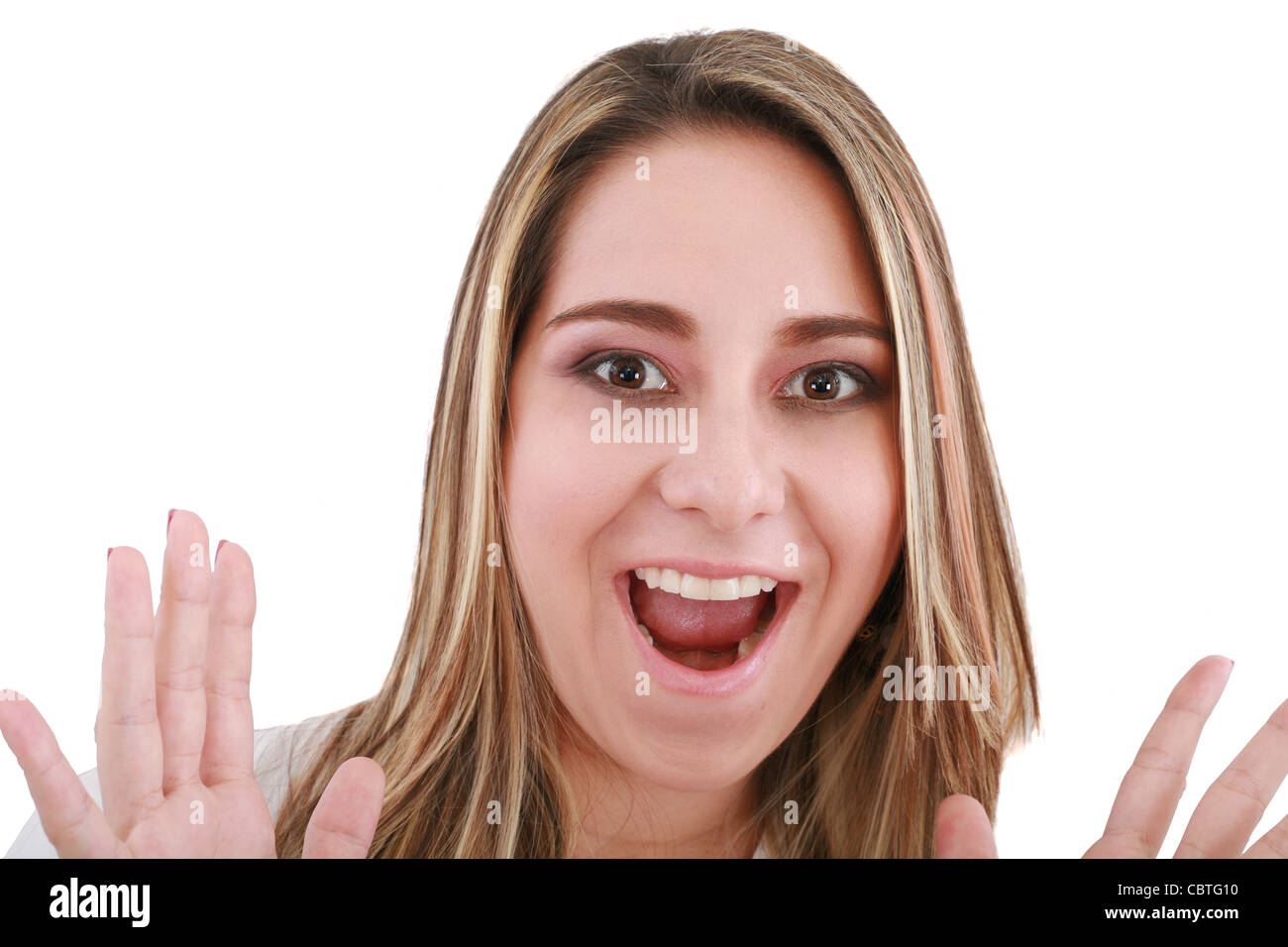 Porträt einer jungen Frau mit einem Ausdruck von Überraschung, isoliert auf weißem Hintergrund Stockfoto