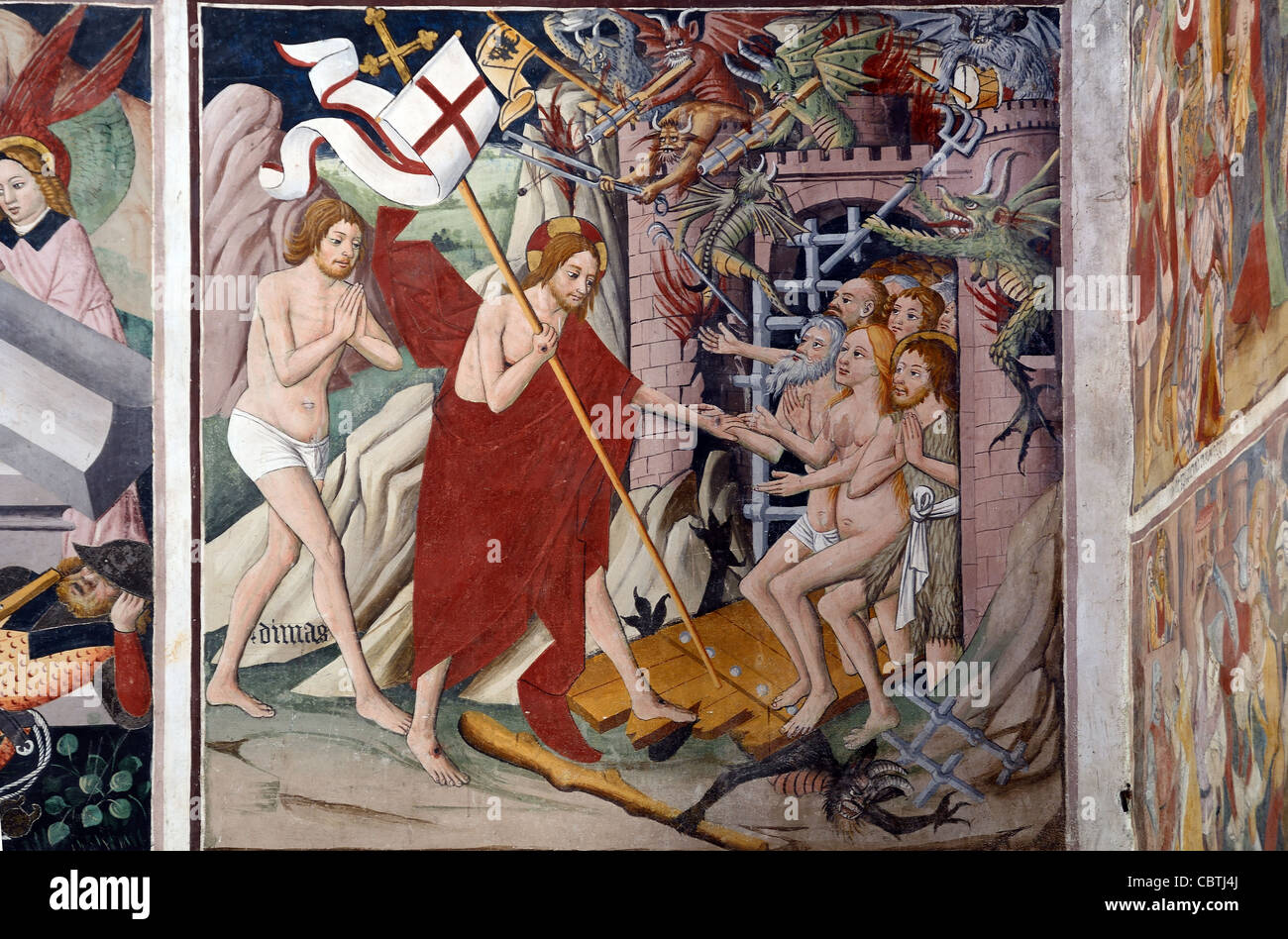 Christi Abstieg in die Hölle Wandgemälde oder Fresko (1492-1530) von Giovanni Canavesio Notre Dame des Fontaines Kapelle La Brigue Roya Tal Frankreich Stockfoto