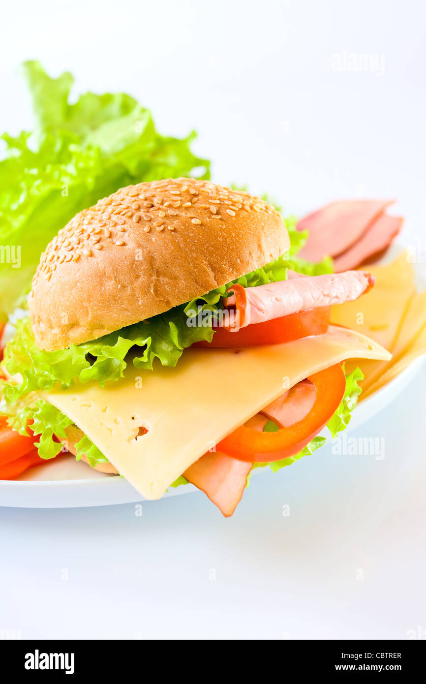 Sandwich mit geräuchertem Fleisch, Käse und Gemüse. Stockfoto