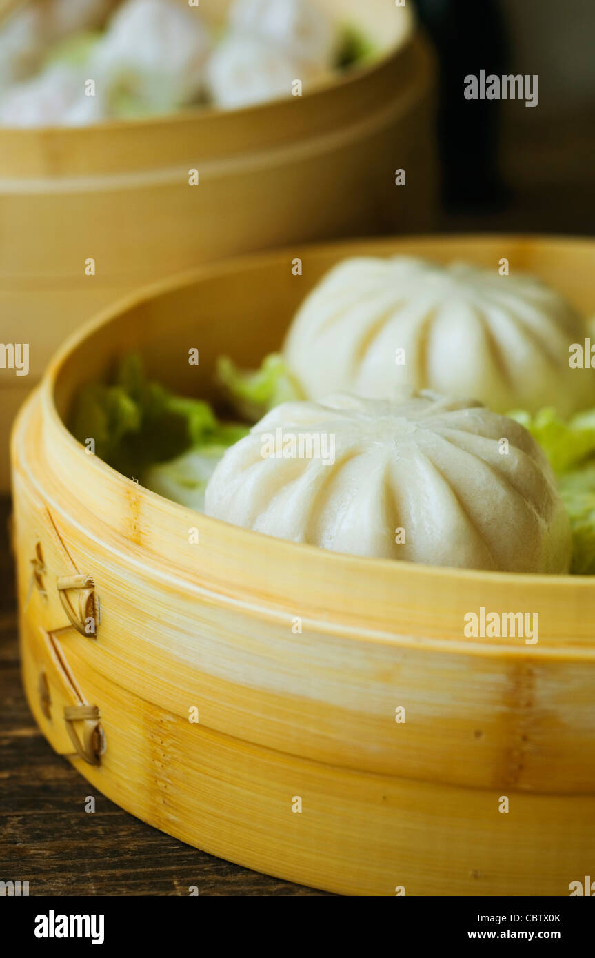 Asiatische Knödel in Dampfer mit Kohl Stockfoto