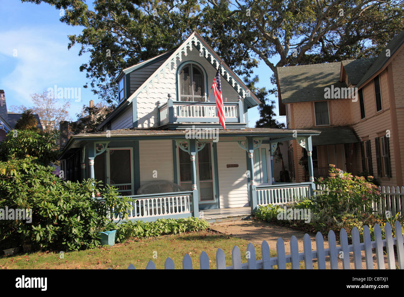 Viktorianischen Lebkuchen Hütten, Oak Bluffs, Marthas Vineyard, Massachusetts, Neuengland, USA Stockfoto