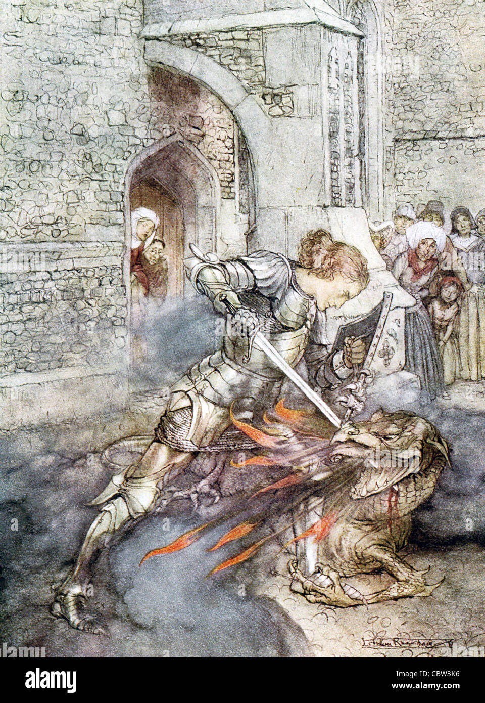In der Artus-Legende sind Lancelot (hier gezeigt) und Tristan Ritter der Tafelrunde und Drachentöter. Stockfoto