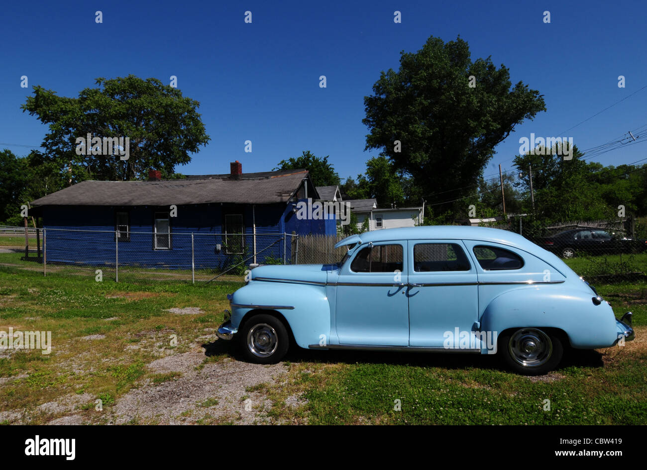 Plymouth, Limousine, 1948, blau, Kabinen, drei, grün, hellblau, Selbstmord Türen, 1940er Jahre, Vintage, Horizont Stockfoto