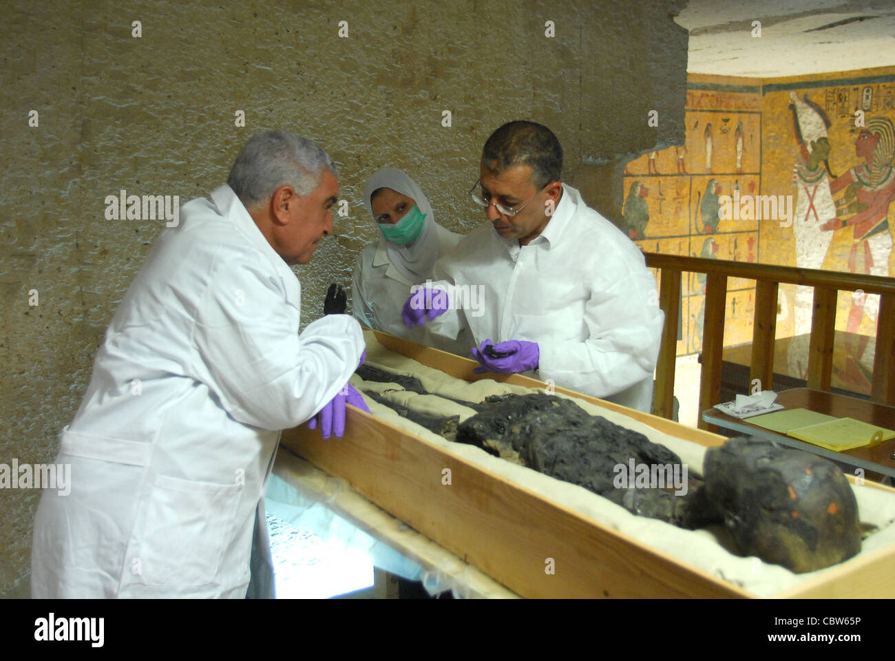 DNA-Proben des die königliche Mumie von König Tutankhamon von Dr. Zakariya, hier im Gespräch mit SCA Kopf Zahi Hawass. Stockfoto