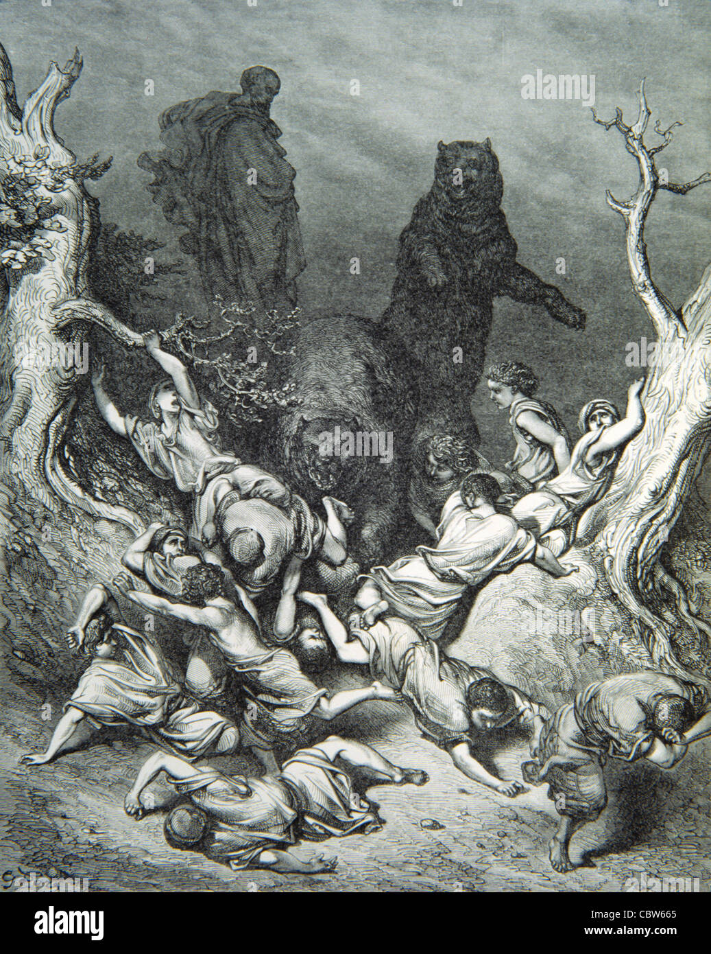 Braunbären, Ursus Arctos, Attacking Children, 'die von Bären zerstörten Kinder', aus der Doré-Bibel, Gravur von Gustave Doré, 1866 Stockfoto