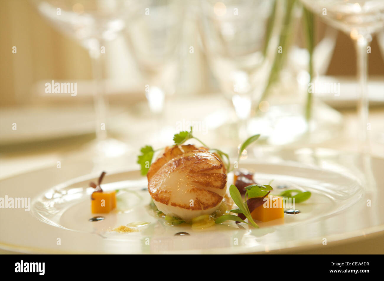 Vergoldete Essen vom Restaurant Patrick Guilbaud, die nur zwei Michelin-Sterne-Restaurant in der Merrion Hotel Dublin, Irland. Stockfoto