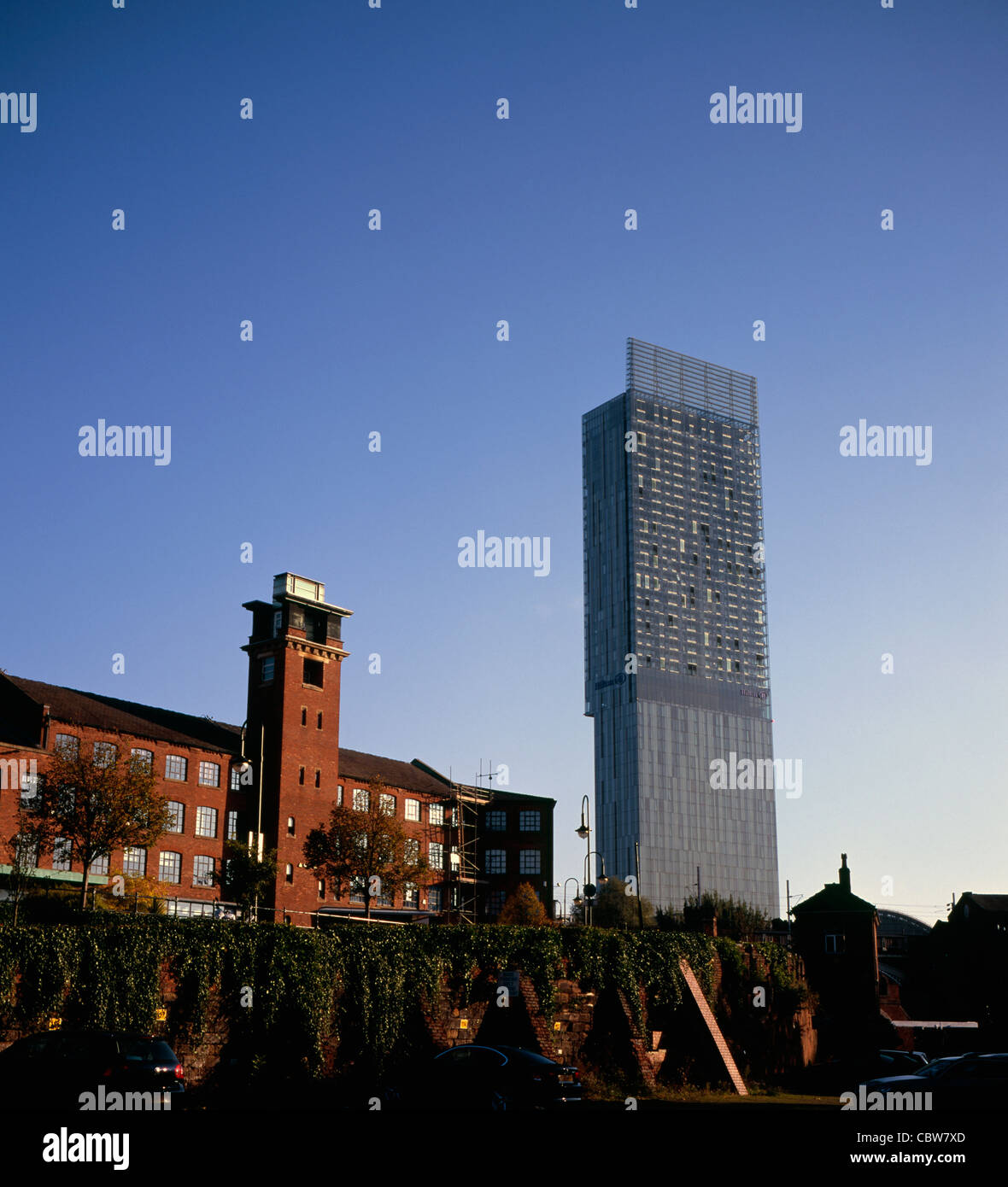 Beetham Tower und Hilton Hotel Deansgate aus Castlefield Manchester England Stockfoto