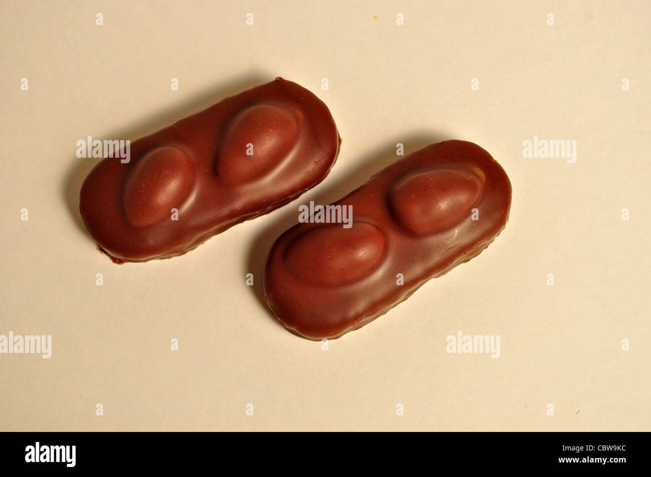 2 Stück Praline sitzen auf einem weißen Hintergrund. Stockfoto