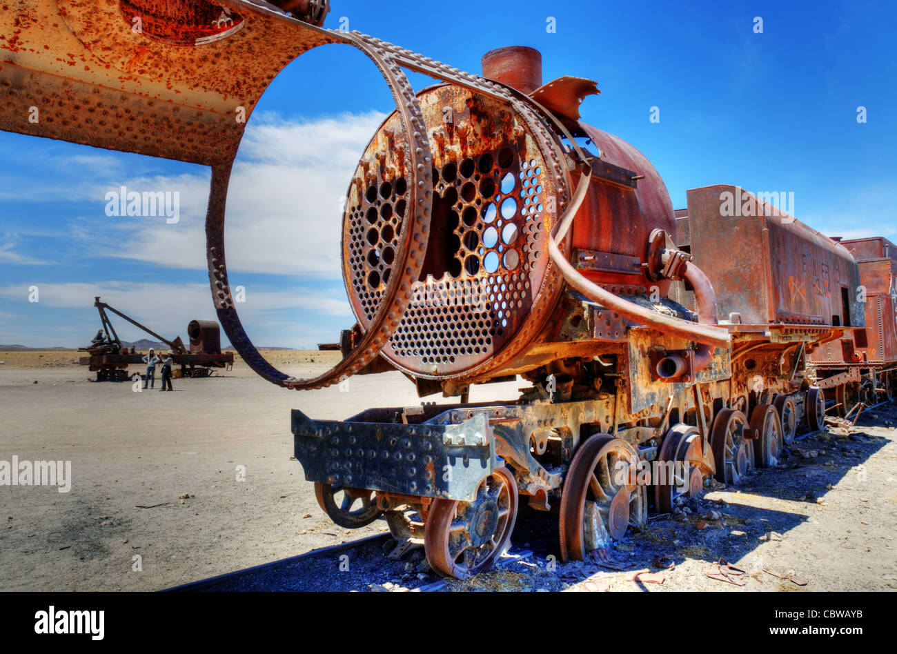 Stillgelegte Dampfzüge aufgegeben in der Wüste in der Nähe von Uyuni in Bolivien Stockfoto