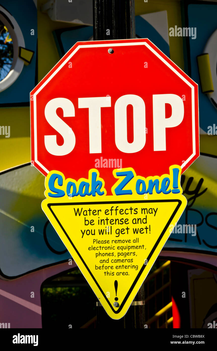Stop Soak Zone Zeichen Kinderspielplatz am Universal Studios Orlando Florida Stockfoto