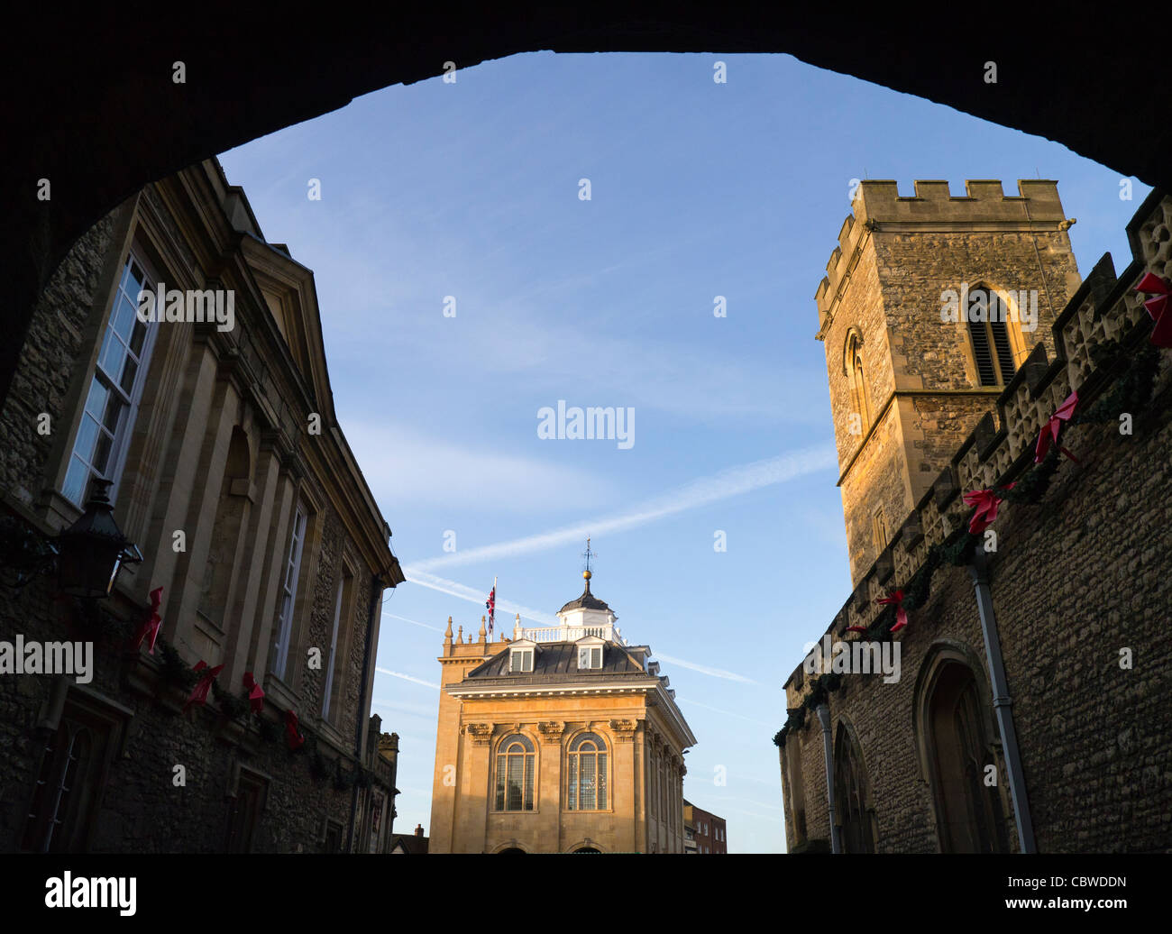 Abingdon Museum und Abteikirche Wintermorgen Stockfoto