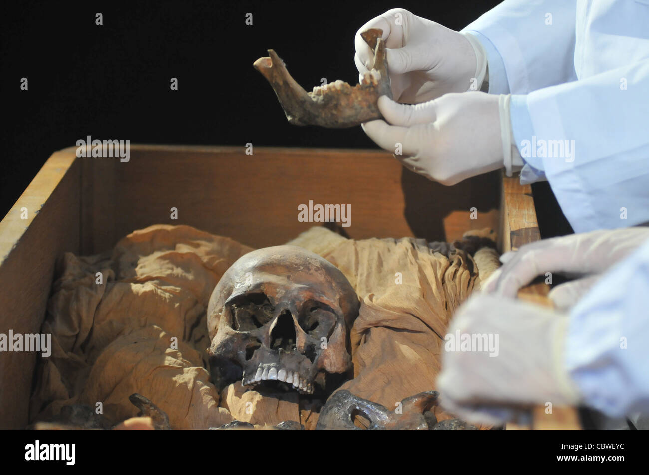 Die Mumie von Smenkhkere (BC 1374 XVIII Dynastie) im ägyptischen Museum, ägyptische und deutsche Experten geprüft wird. Stockfoto