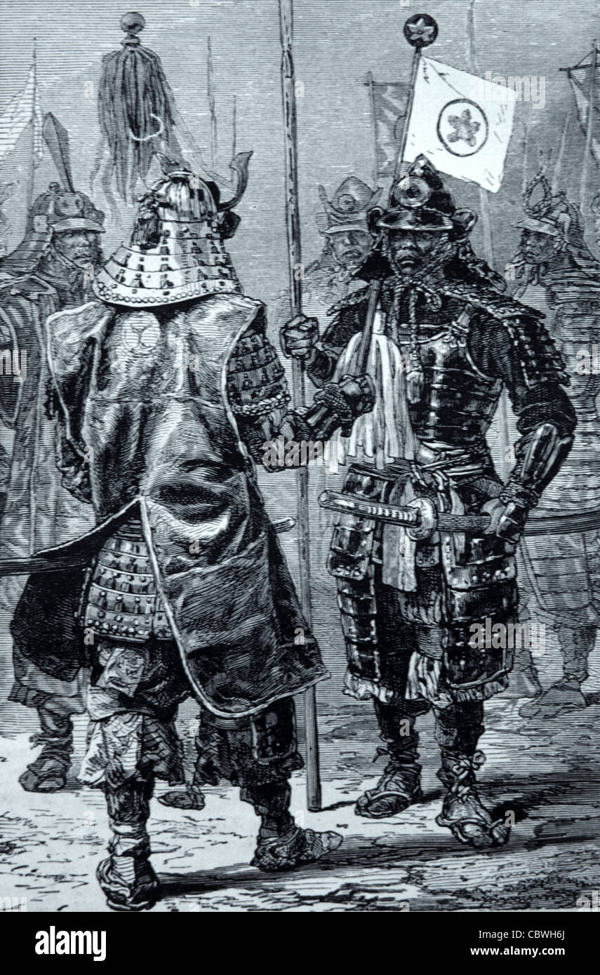Japanische kaiserliche Samurai-Soldaten oder Kaisergarde in Anzügen der Rüstung oder Rüstung, C19th Engraving oder Vintage Illustration Stockfoto