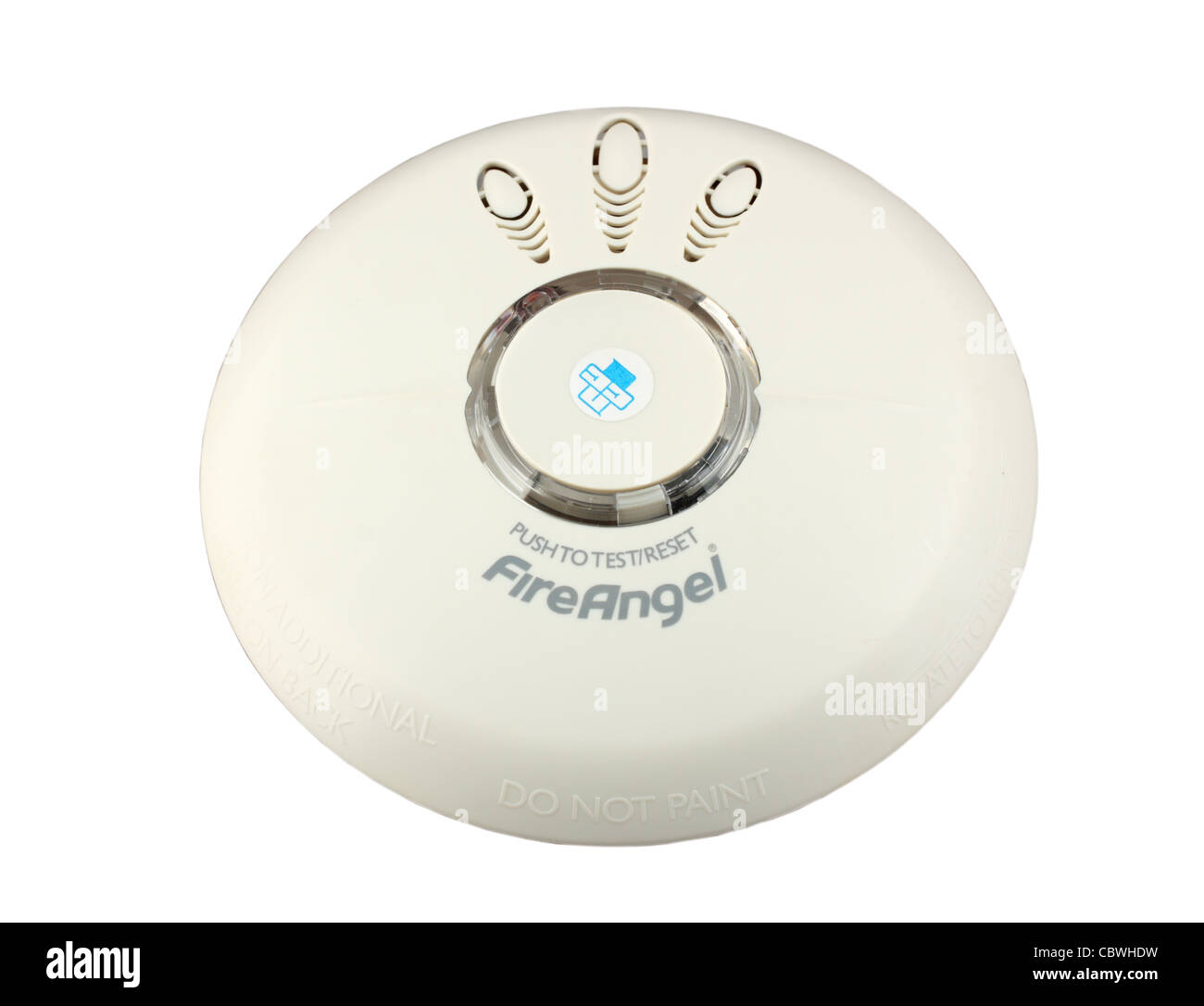 Ein Rauchmelder und Brandmeldeanlagen von FireAngel isoliert auf weißem Hintergrund gemacht Stockfoto