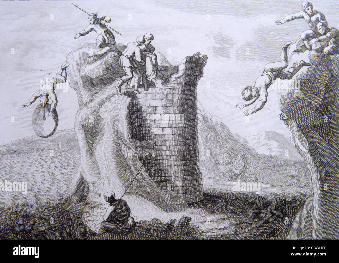 Todesurteil oder Strafe durch Ertrinken im Meer, im Turm voller Bindemittel oder geworfen von Felsen oder Felsen, c19th Bible Engraving oder Vintage Illustration Stockfoto