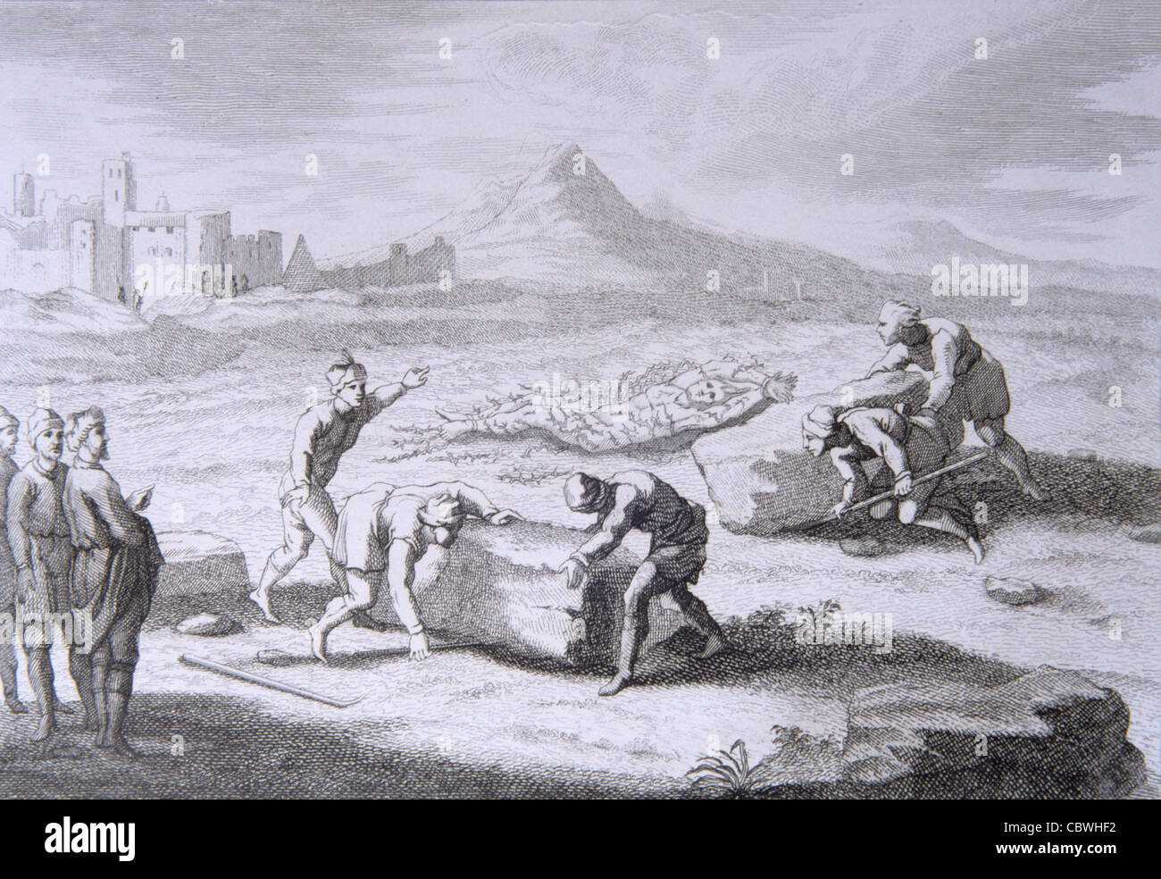 Tod durch Zerkleinerung unter Dornen, Steinen und Felsbrocken, c19th Bible Engraving oder Vintage Illustration Stockfoto