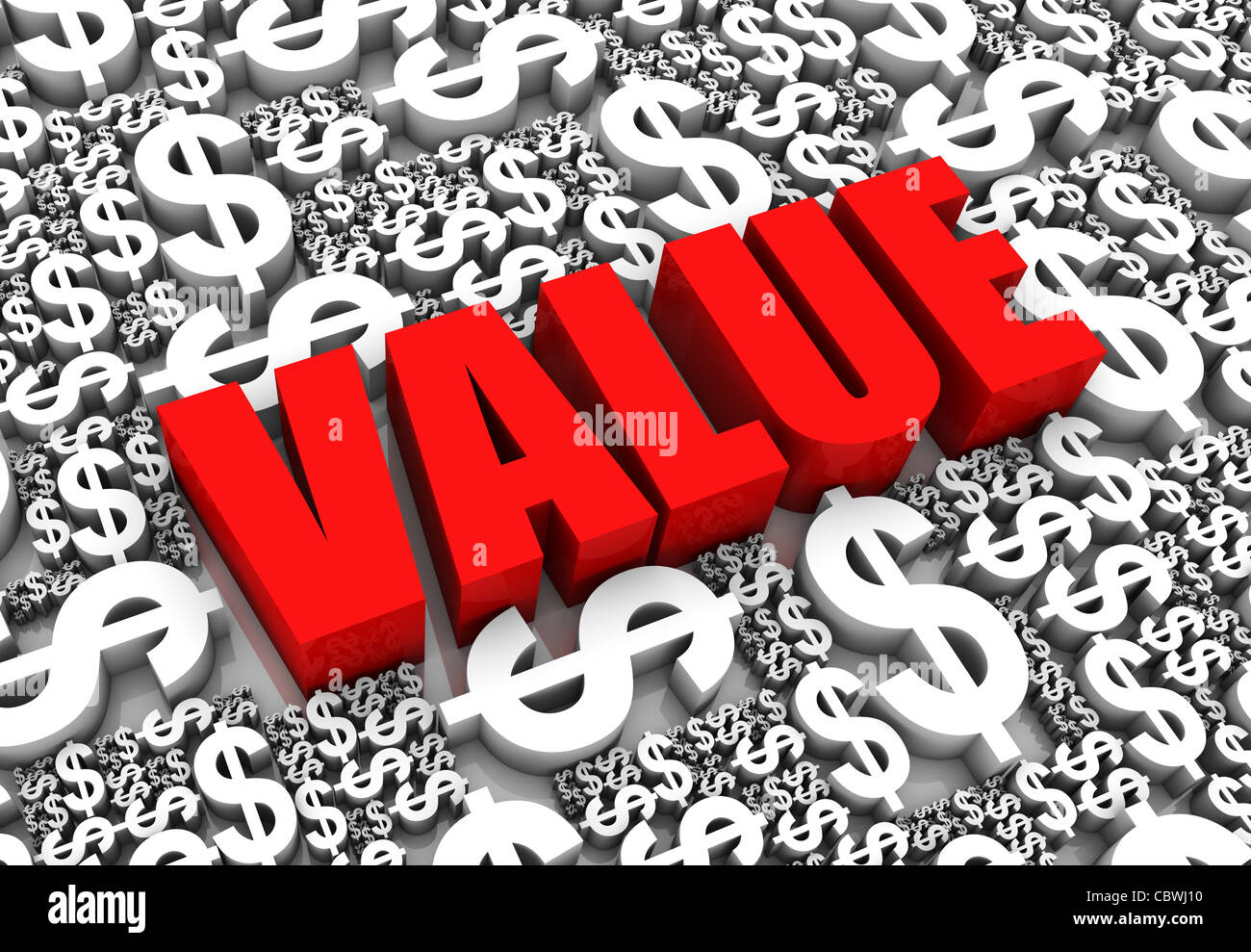 Wert 3D Text umgeben von Dollar Währungssymbole. Teil einer Serie. Stockfoto