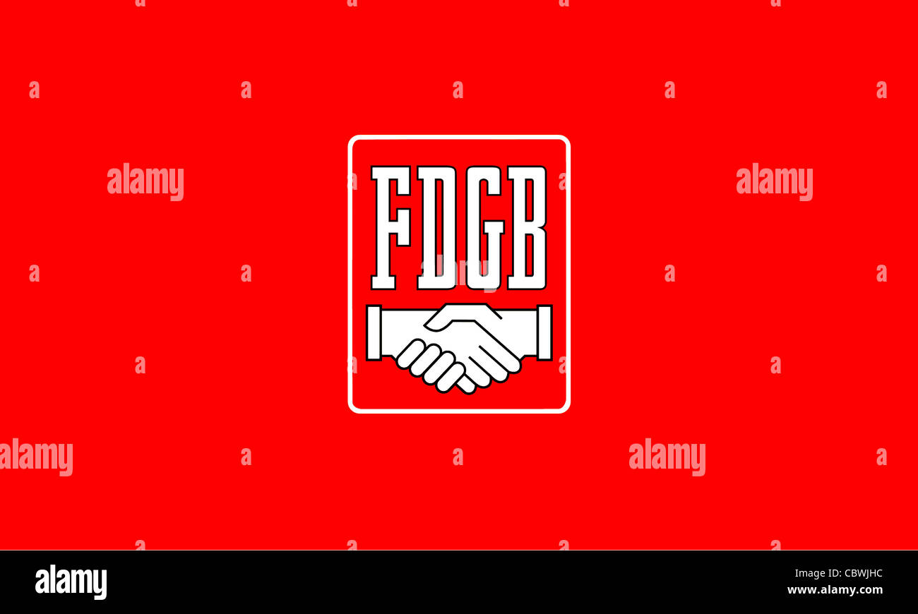 Flagge des Vereins Gewerkschaft "Freie Deutsche Gewerkschaftsbund" FDGB der DDR. Stockfoto