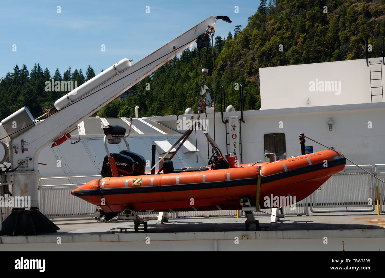 Rettungsboot überleben oder Rettungsinsel an Bord der Fähre, Vancouver, Britisch-Kolumbien, Kanada Stockfoto