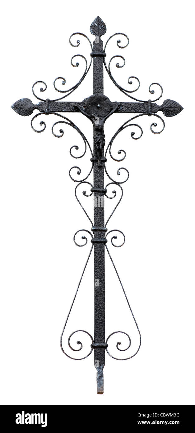 alte Metall Christian cross isolierten auf weißen Hintergrund Stockfoto