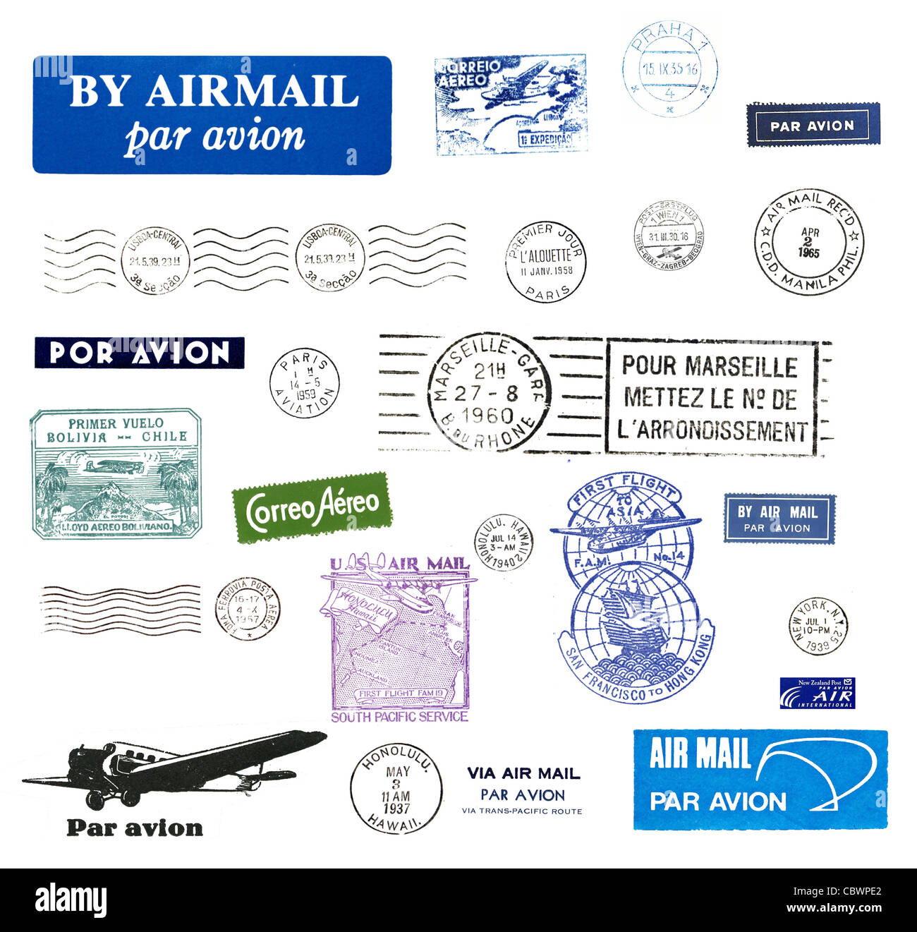 Vintage Briefmarken und Luftpost Labels aus aller Welt Stockfoto