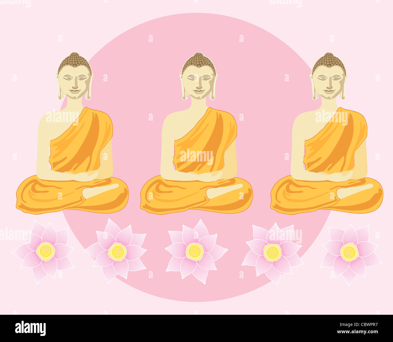 ein Beispiel aus einer Reihe von Buddhas mit Lotusblüten vor eine große rosa Sonne Stockfoto