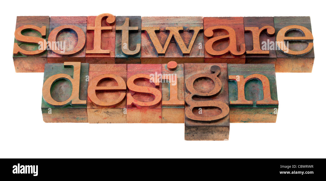 Software Design Wörter in Vintage Holz Buchdruck Druckstöcken, befleckt durch Farbe Tinten, isoliert auf weiss Stockfoto