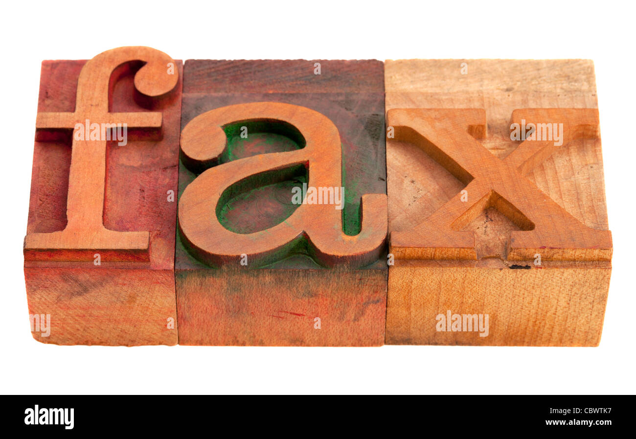 Fax-Wort in Vintage Holz Buchdruck Druckstöcken isoliert auf weiß Stockfoto