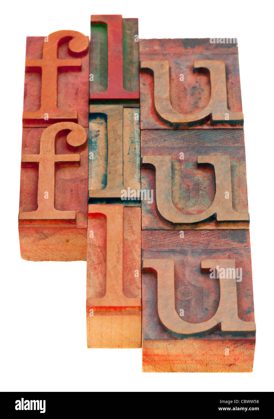 Grippe Wort Abstrakt - Vintage Holz Buchdruck Blöcke isoliert auf weiss Stockfoto