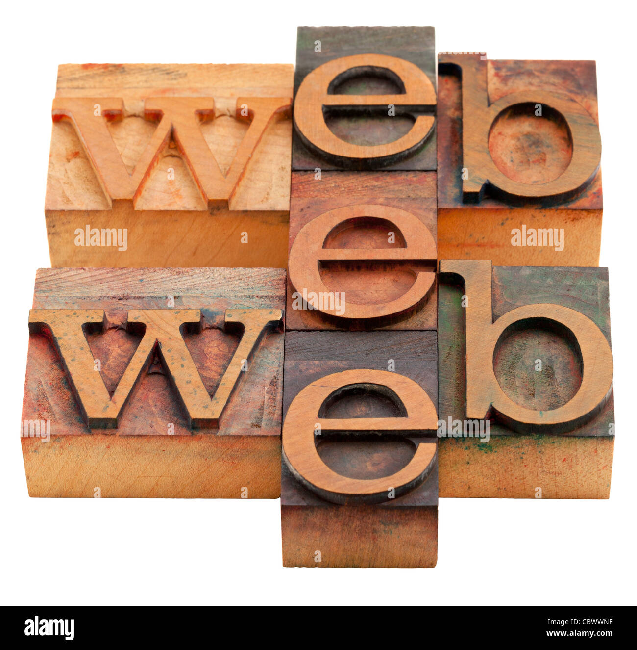 Internet Konzept Web Wort abstrakt in Vintage Holz Buchdruck Blöcke isoliert auf weiss Stockfoto