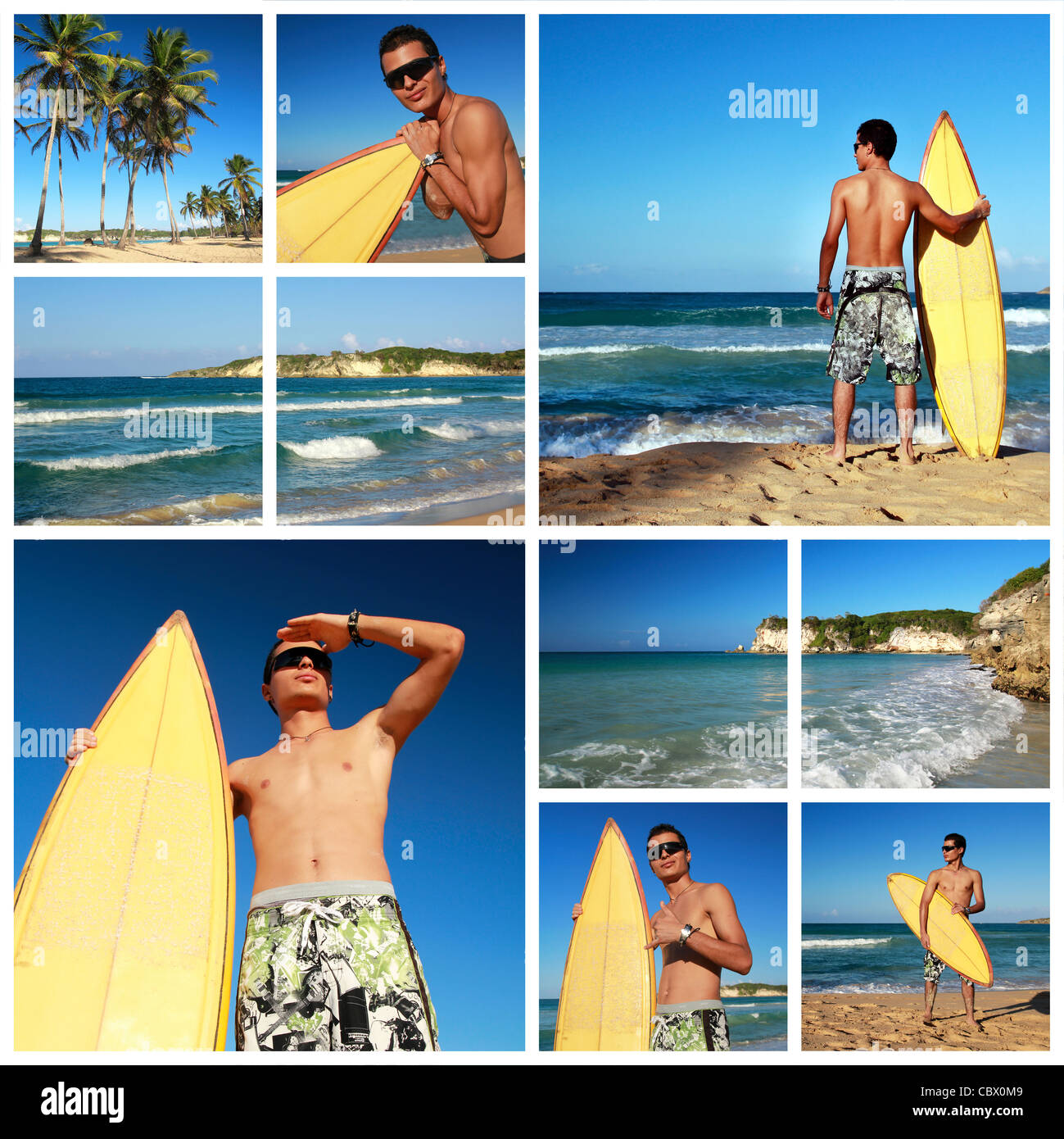 Collage mit Surfer mit Surfbrett am Karibik-Strand, Dominikanische Republik Stockfoto