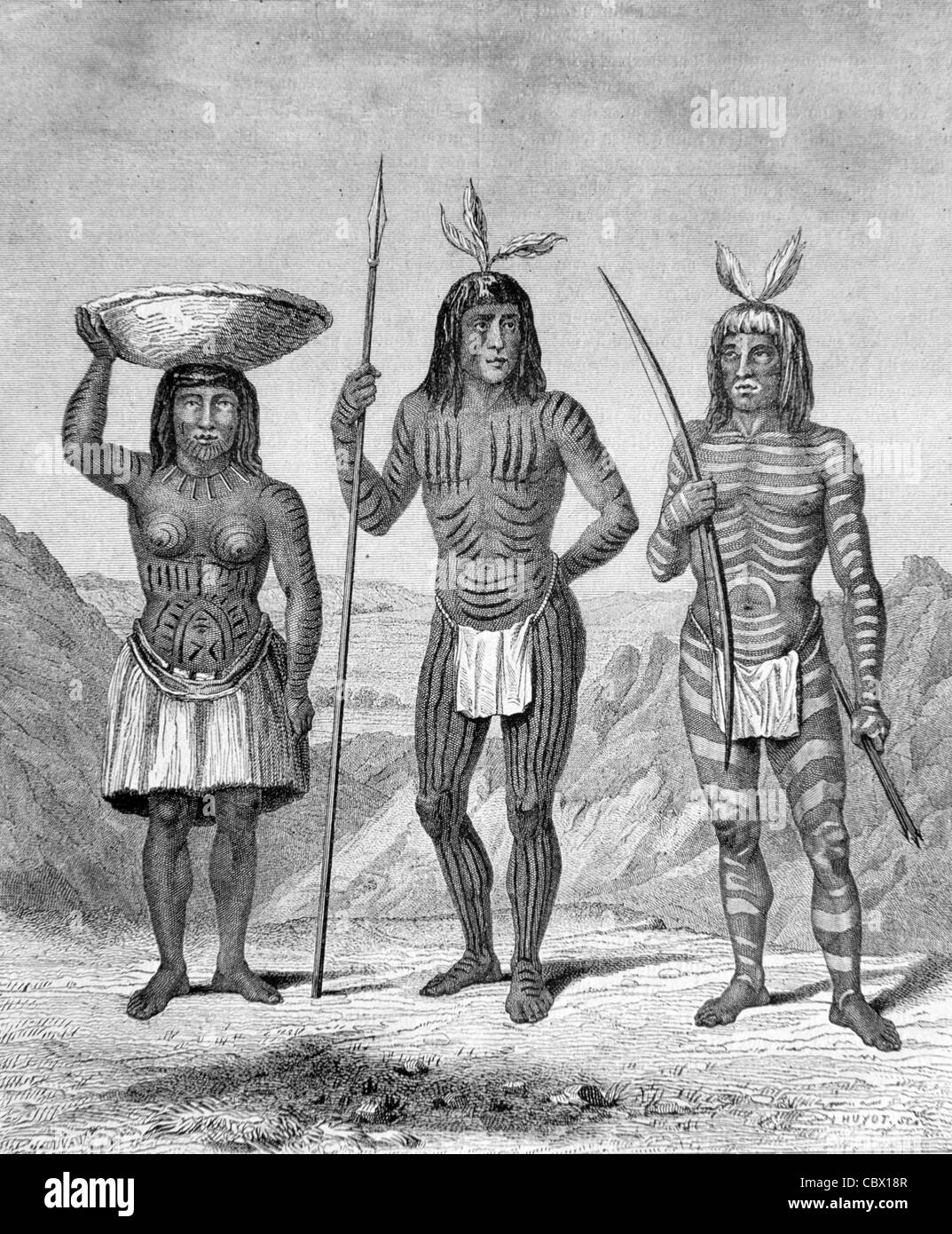 Mohave oder Mojave Indianer, Colorado, USA 1860 Engraving. Mit Körperscharbung oder Tattoos. Vintage Illustration oder Gravur Stockfoto