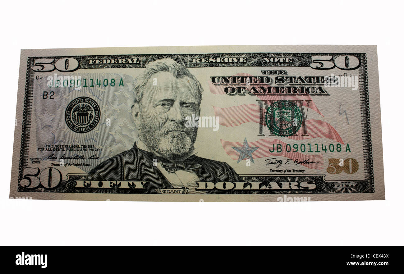 Vereinigten Staaten-Banknote in weißem Hintergrund Ausschnitt Stockfoto