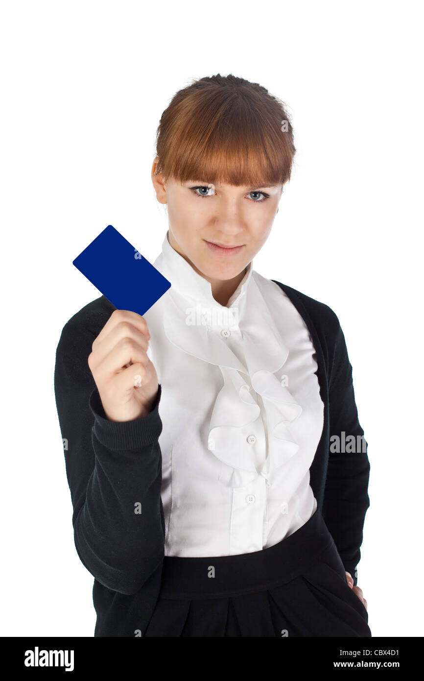 junge Geschäftsfrau halten Visitenkarte Stockfoto